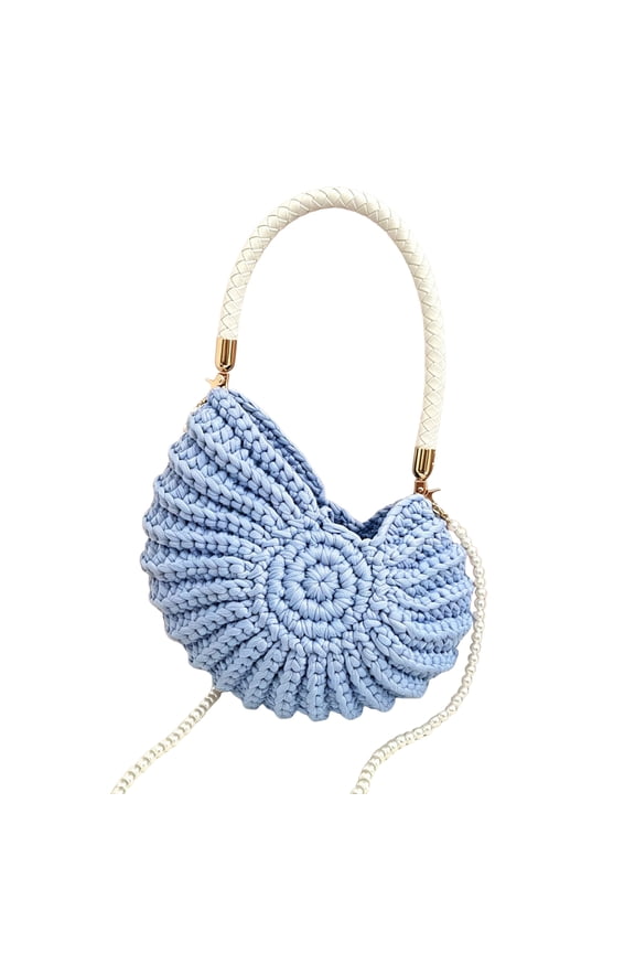 Bohemian Style Crocheted Seashell Crossbody Bag, Hand-woven Ocean Shell Handbag with Pearl Chain Shoulder Strap, Suitable for Summer Beach Vacation Handbag (Blue)