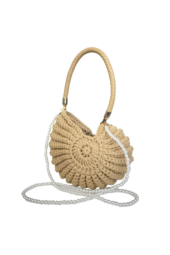 Bohemian Style Crocheted Seashell Crossbody Bag, Hand-woven Ocean Shell Handbag with Pearl Chain Shoulder Strap, Suitable for Summer Beach Vacation Handbag (Khaki)