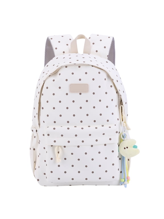 Cute Polka Dot Laptop Backpack Large Capacity Travel Backpack Lightweight Bookbag for Female Elementary & Middle Students (Beige)