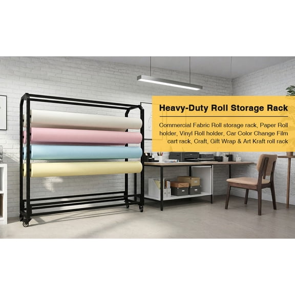 Btidfty Fabric Roll Storage Rack with Wheel Large Textile Fabric Display Rack Floor-to-ceiling Adjustable Hanging Rod Bracket Display Shelf Movable Organizer Holder for Curtain/wallpaper/tablecloth