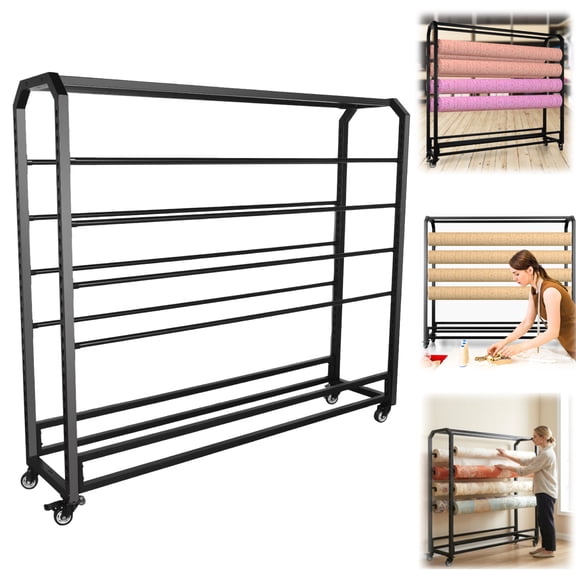 Btidfty 8 Thick Bars Double Sided Wheeled Fabric Roll Storage Rack, Adjustable Floor Display Stand Suitable for Curtain, Wallpaper and Tablecloth Display