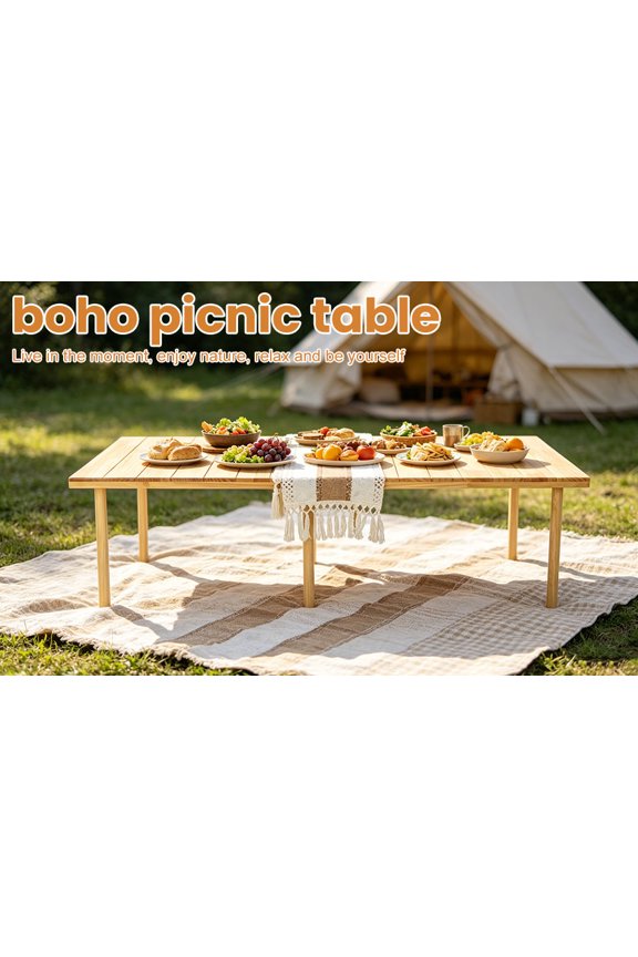 Foldable Camping Table Portable Boho Low Picnic Table with Runner 60 Lx30 W Inch Lightweight Picnic Desk for Outdoor Beach Backyards Bbq And Party