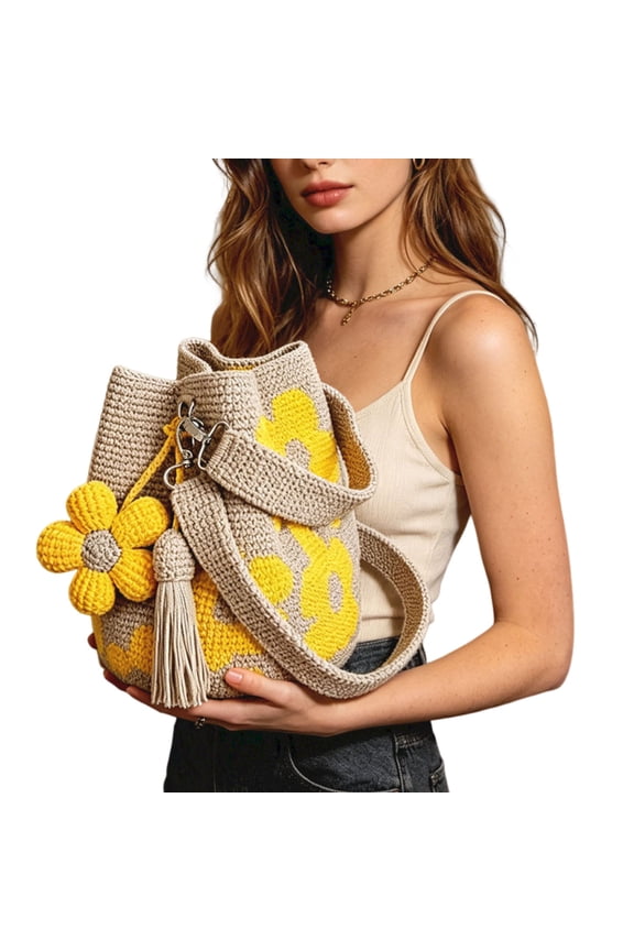 Handmade Crochet Flower Tote Bag, Embroidered Bohemian Style Knitted Floral Drawstring Beach Tote Bag with Flower Tassels, Summer Beach Crossbody Bag (Yellow)