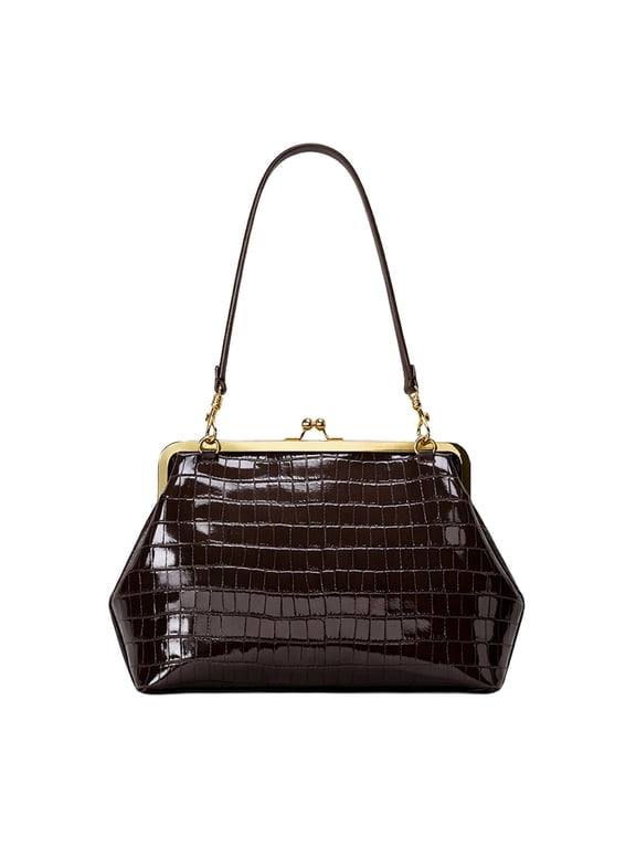 Pu Leather Kiss Lock Bag Large Capacity Kiss Clasp Shoulder Bags Evening Clutch Purses for Women Travel Shopping Work Daily Use (Brown)