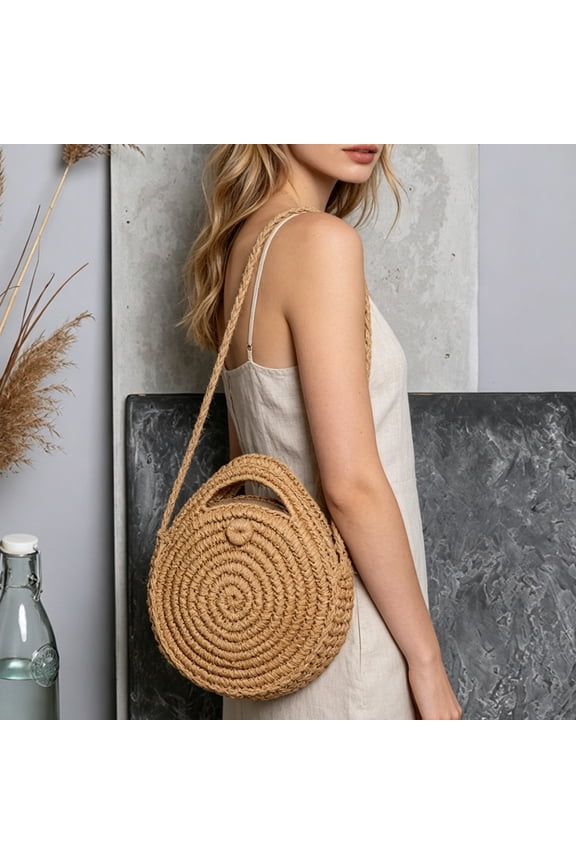 Round Paper Rope Hand-Drawn Straw Shoulder Bag, Mini Crossbody Woven Bag, Fresh and Cute Beach Bag, Casual Women's Bag (Beige)