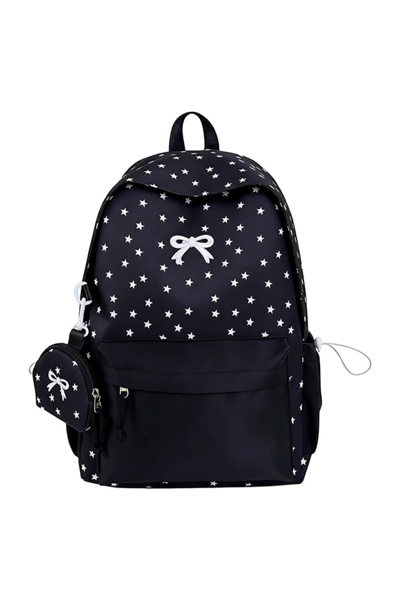 Star Pattern Backpack Bow Embroidery Schoolbag with Small Pendant Bag Casual Nylon Rucksack Lightweight Multi-pockets Backpack Outdoor Travel Backpacks (Black)