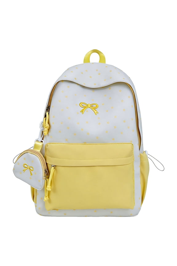 Star Pattern Backpack Bow Embroidery Schoolbag with Small Pendant Bag Casual Nylon Rucksack Lightweight Multi-pockets Backpack Outdoor Travel Backpacks (Yellow)