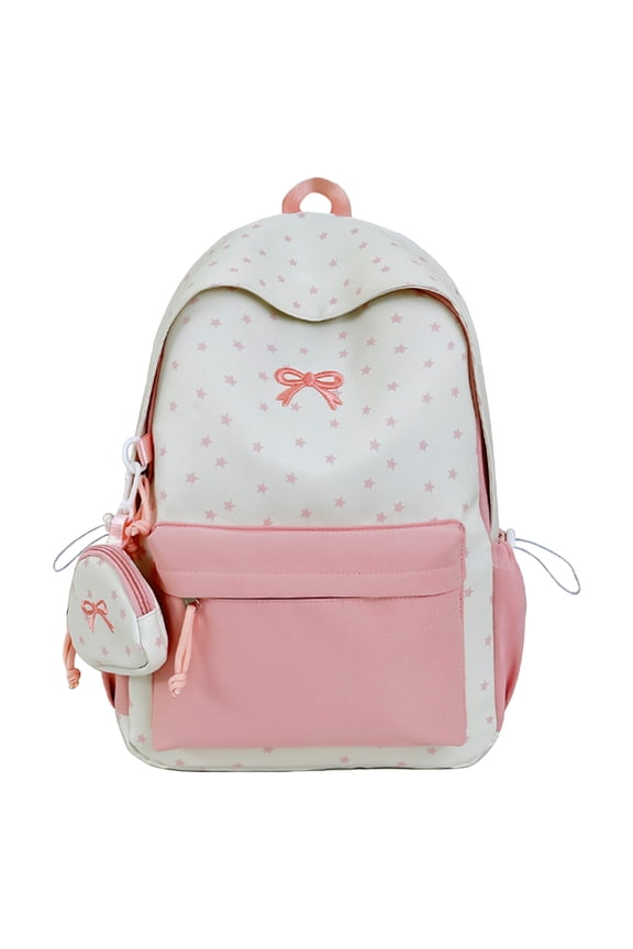 Star Pattern Backpack Bow Embroidery Schoolbag with Small Pendant Bag Casual Nylon Rucksack Lightweight Multi-pockets Backpack Outdoor Travel Backpacks (Pink)