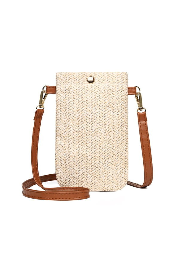 Summer Women Mini Straw Crossbody Bags Woven Phone Wallet (Beige W/ Buckle)