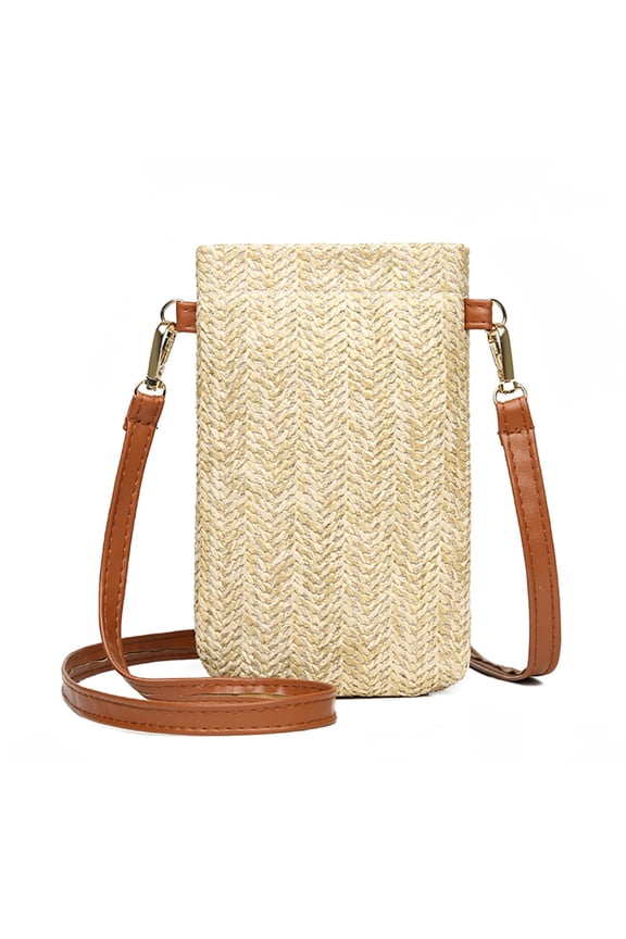 Summer Women Mini Straw Crossbody Bags Woven Phone Wallet (Camel No Buckle)