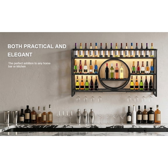 Btidfty Wall-mounted Wine Storage Rack with Led 3-Tier Bar Liquor Bottle Display Shelf