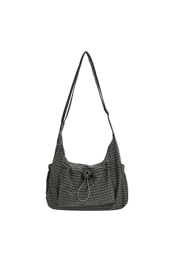 Women Checkered Sling Bag Pleated Cloud Shoulder Bag Drawstring Tote Bag (Green)