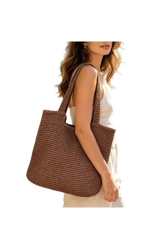 Women Paper Rope Handmade Woven Shoulder Bags Large Capacity Casual Straw Underarm Pack Lightweight Boho Rattan Beach Handbag Summer Beach Vacation Shoulder Bag (Light Brown)