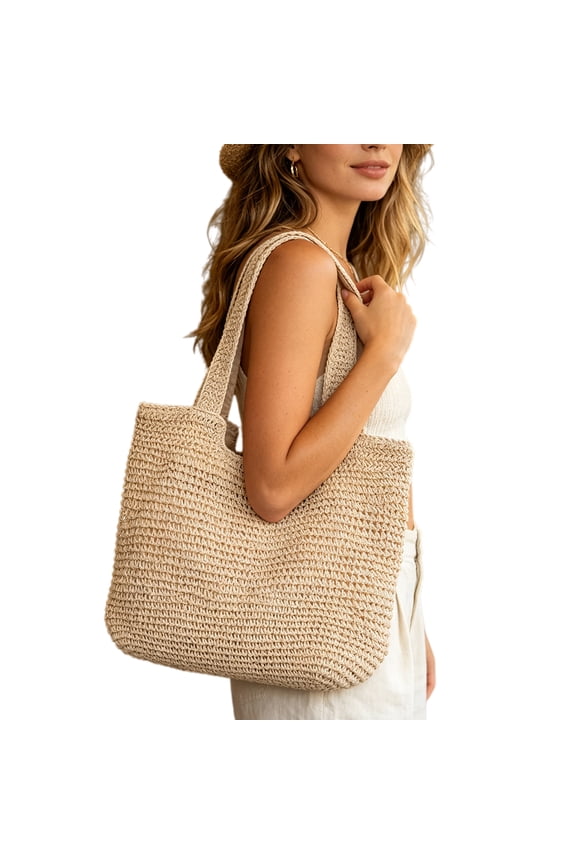 Women Paper Rope Handmade Woven Shoulder Bags Large Capacity Casual Straw Underarm Pack Lightweight Boho Rattan Beach Handbag Summer Beach Vacation Shoulder Bag (Beige)