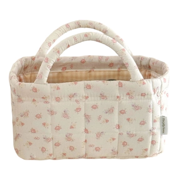 Btidfty Women Quilted Fabric Storage Basket Large Capacity Underwear Sundries Laundry Basket Lightweight Foldable Cotton Storage Pouch Travel Carring Tote Bags (White S)