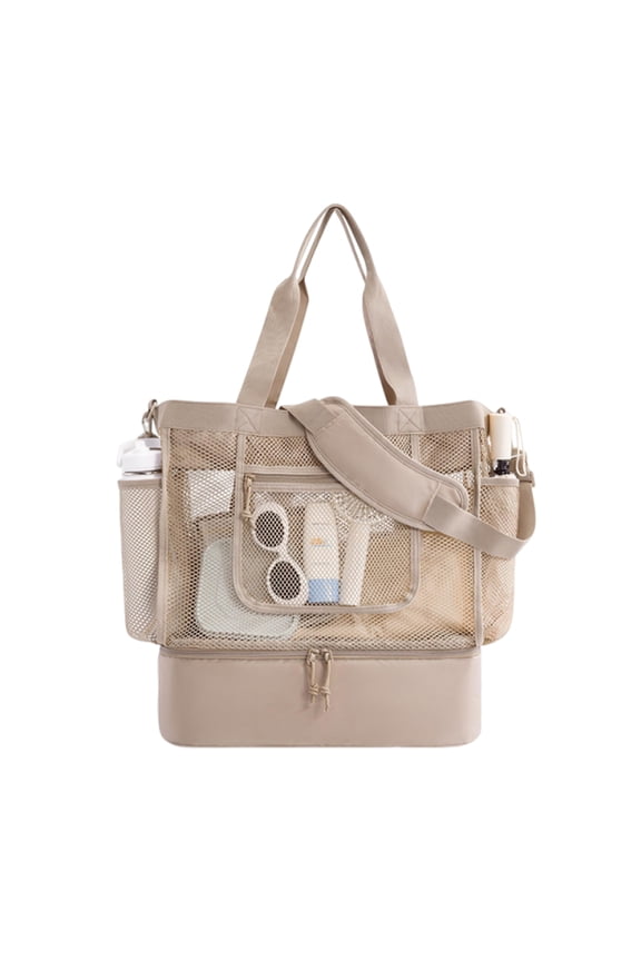 Women Summer Beach Shoulder Bag with Cooler Top Zipper Double-layer Large Totes Foldable Multi-pocket Mesh Swim Pool Bags Swim Cruise Pool Handbags (Khaki)