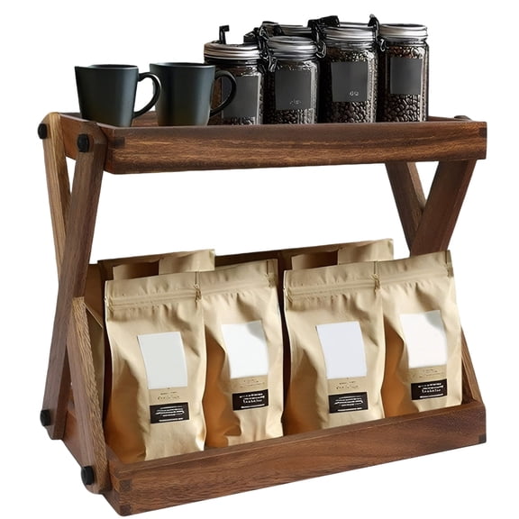 Btidfty Wooden 2-Tier Coffee Station Organizer Large Capacity Tea Station Stand Kitchen Storage Holder for Spice Condiment Makeup