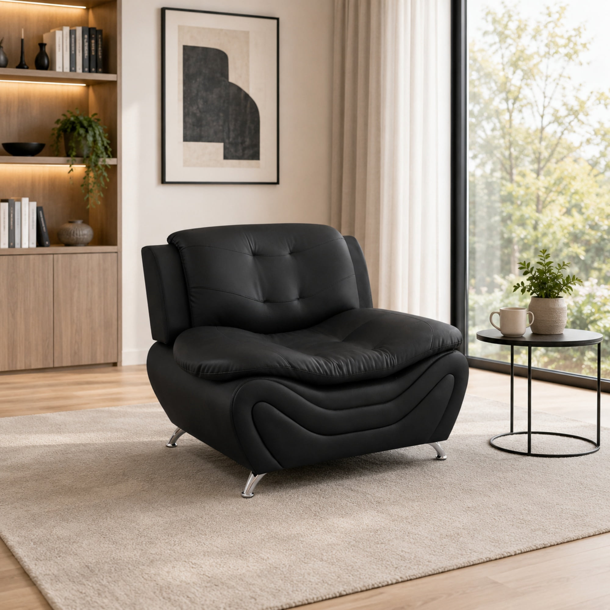 BSHTI 42” Faux Leather Modern Sofa Couch with Leather Upholstery, Solid Wood Frame, Adjustable Backrest 110–115° for Living Room （Black）