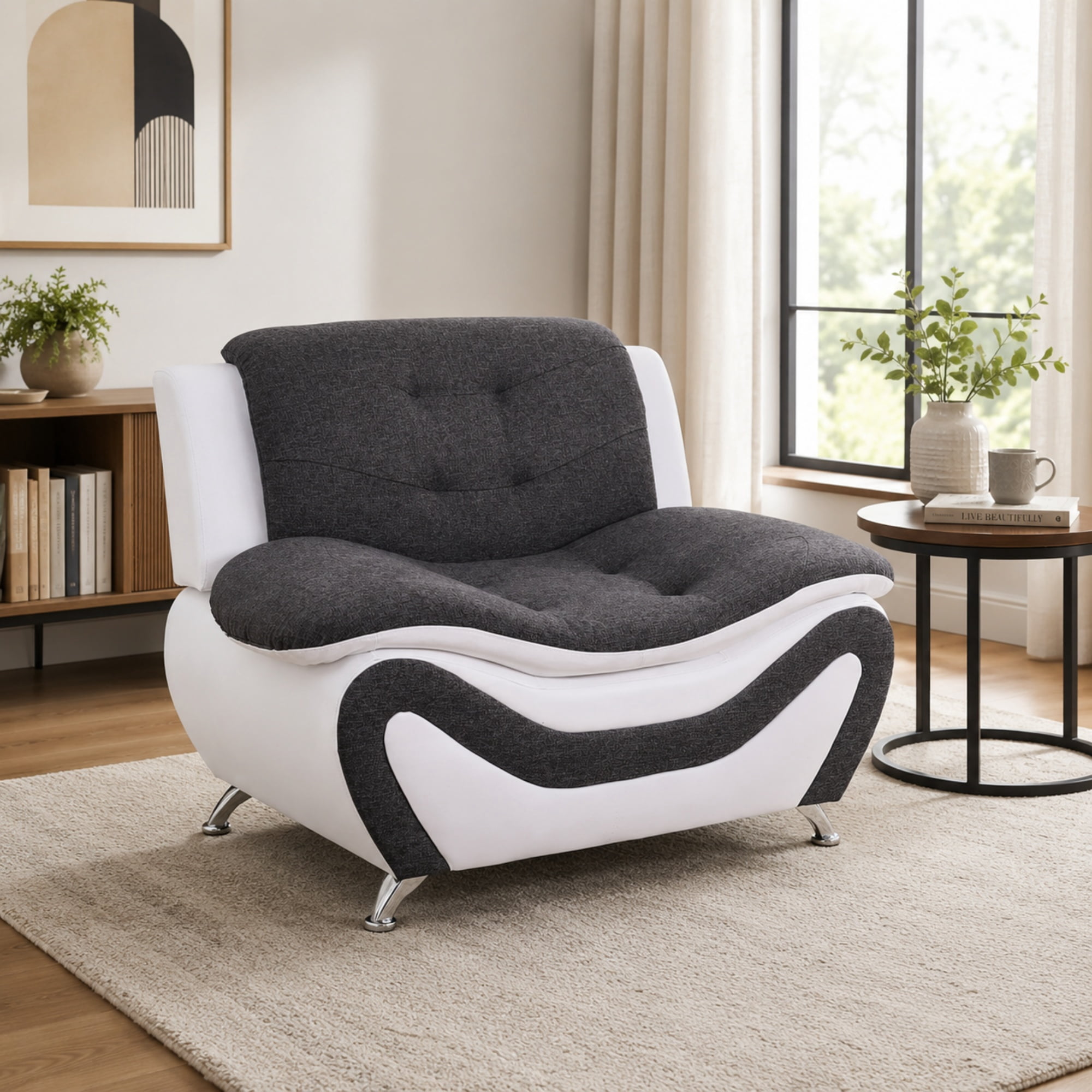 BSHTI 42” Faux Leather Modern Sofa Couch with Leather Upholstery, Solid Wood Frame, Adjustable Backrest 110–115° for Living Room （Black & White）