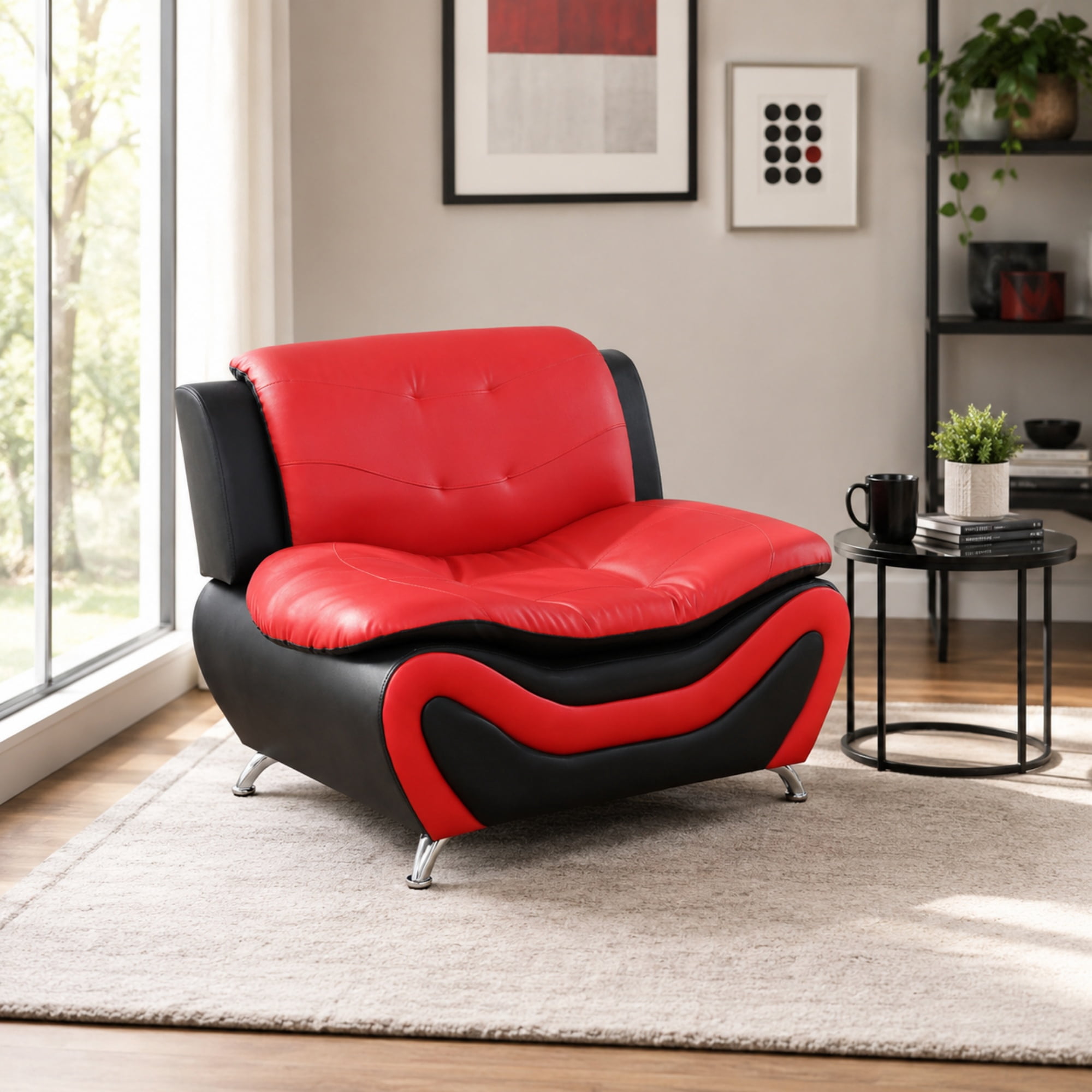BSHTI 42” Faux Leather Modern Sofa Couch with Leather Upholstery, Solid Wood Frame, Adjustable Backrest 110–115° for Living Room （Red）