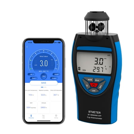 Btmeter Cup Anemometer Handheld Air Flow Meter, Wind Speed Data Logger w/Barometer Measure Wind Velocity/Temperature/Altitude/Humidity