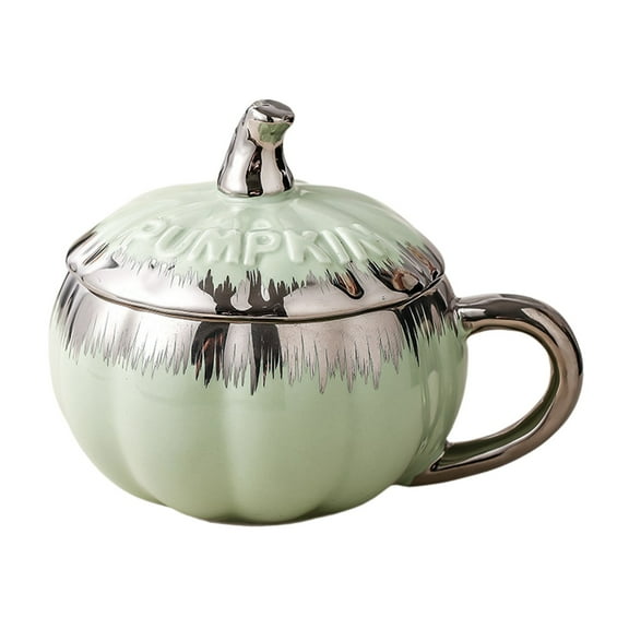 Btomtd 10oz Ceramic Pumpkin Cup with Lid and Spoon, Coffee Mugs and Water Cups, European Style Electroplated Drinkware, Holiday Coffee Cups for Gifts, Mint Green