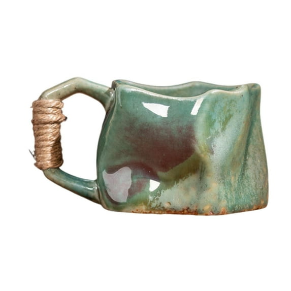 Btomtd 10oz Hand Kneaded Pottery Coffee Mugs, Special Shaped Irregular Nordics Style Tea Cups, Rough Textured Ceramic Coffee Cup from Kiln Firing, Green