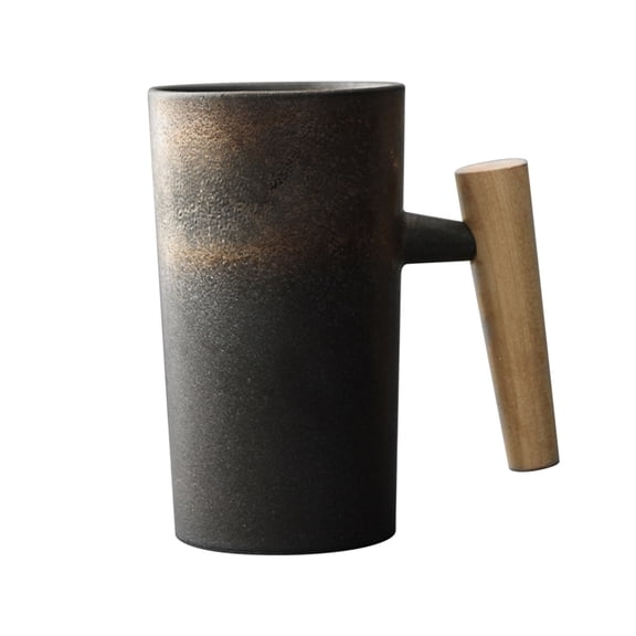 Btomtd 10oz Hand Made Retro Stoneware Coffee Mug, Wooden Handle Ceramic Cups, Coffee Cup and Water Cup for Family Office and Home Use, D
