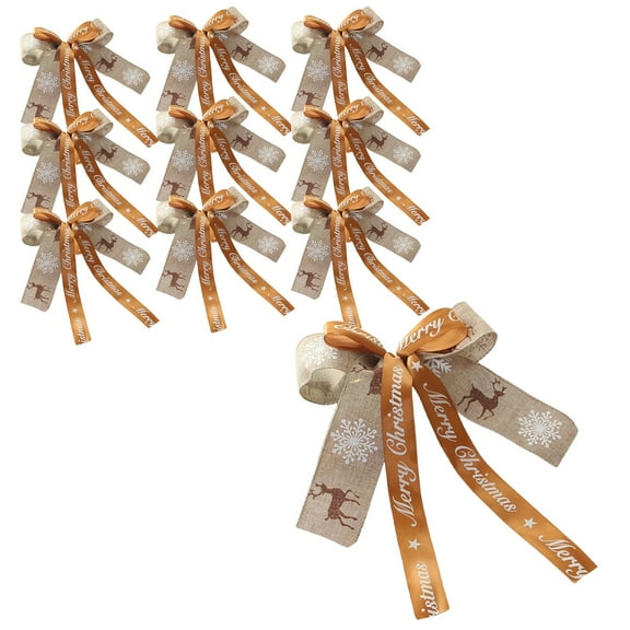Btomtd 10pcs 7"x9.5" Elk and Ribbon Christmas Ornaments, Double Handmade Bow Tree Pendant, Hanging Decoration with Elk Motifs, Festive Ribbon Decor, Brown