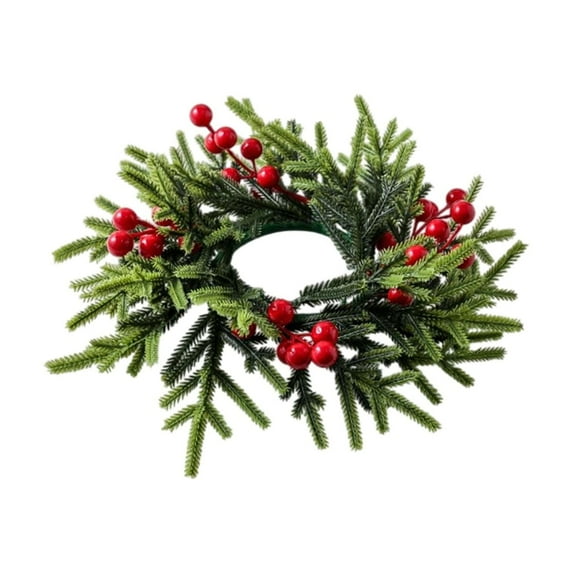 Btomtd 11" Red Berry Candle Ring Wreath for Christmas Table Centerpiece, Festive Candle Wreaths for Kitchen Cabinet, Artificial Berry and Greenery Candle Garland, C