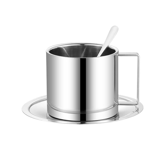 Btomtd 11oz 304 European Style Stainless Steel Coffee Mug with Plate and Spoon, Double Layer Insulated Water Cup and Coffee Cup for Office, Reception Business Gift Tea Cups, L