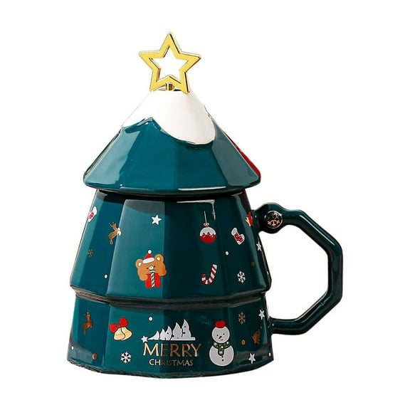 Btomtd 11oz Christmas Makeup Tree Ceramic Cups, Holiday Tree Shape Coffee Mug and Tea Cup, Festive Cosmetic Style Water Cup for Gift and Christmas Decorations, Green