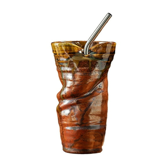 Btomtd 11oz Large Capacity Mugs Grotesque Shaped Ceramic Cups, Versatile Water Cup with Straw for Iced Coffee, Coffee Cup and Coffee Mug for Daily Use, Brown