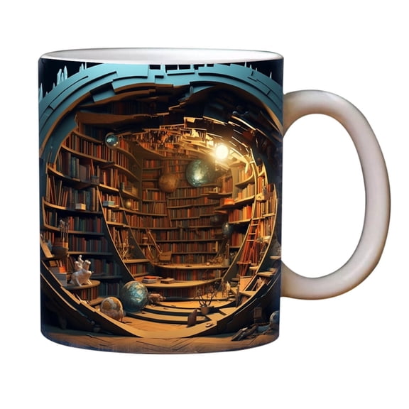 Btomtd 11oz Perspective Space Bookshelf Designs Ceramic Coffee Mug, Creatives Gift Cups for Book Lovers and Readers, Novelty Themed Office Coffee Cup, B