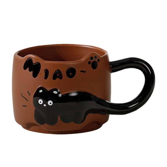 Btomtd 11oz Stacking Cats Designs Ceramic Coffee Mug, Embossed Relief Cups with Large Handle and English Letters, Funny Tea Cup and Coffee Cup Set, Brown