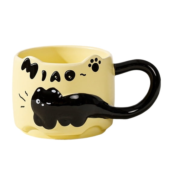 Btomtd 11oz Stacking Cats Designs Ceramic Coffee Mug, Embossed Relief Cups with Large Handle and English Letters, Funny Tea Cup and Coffee Cup Set, Yellow