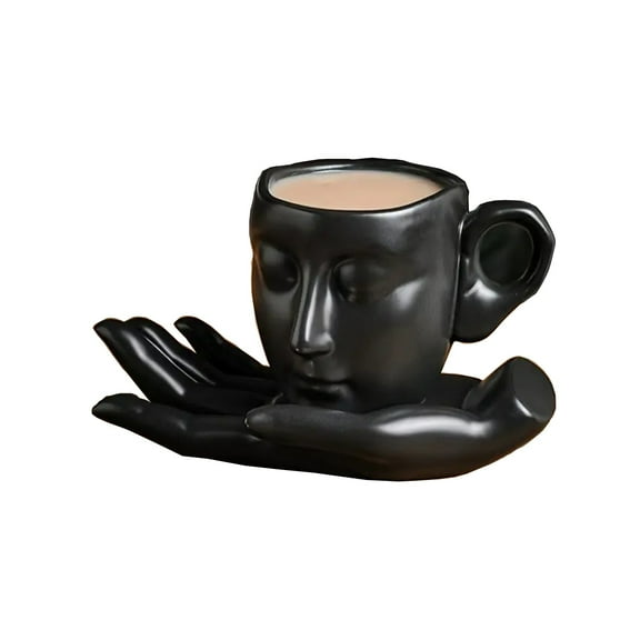 Btomtd 11oz Unique Ceramic Coffee Mug Set with Matching Plate and Spoon, Complete Breakfast Cups Collection for Coffee Tea and Milk, Household Coffee Cup, Black