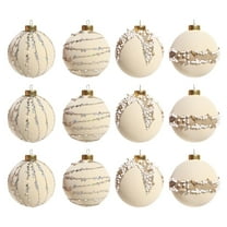 Btomtd 12pcs 2.36"/6cm Flocked and Beaded Christmas Ball Ornaments, Velvet Christmas Balls with Sequin Accents, Decorative Hanging Tree Ornaments, Beige