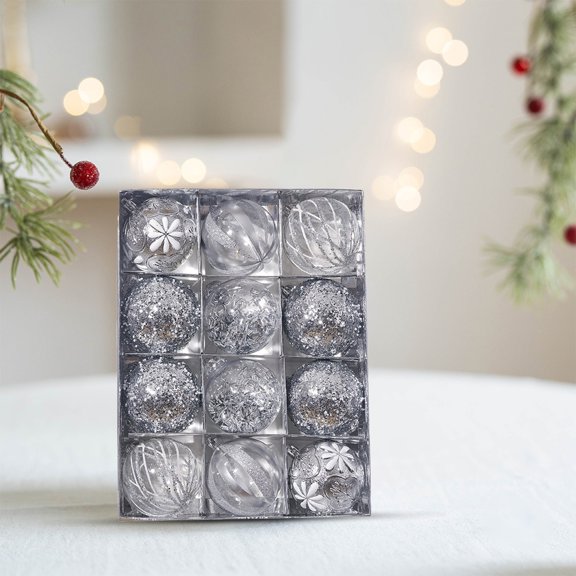 Btomtd 12pcs 2.36"/6cm Sequined Christmas Ball Ornaments , PE Special Shaped Xmas Tree Pendants , Holiday Decoration Suit Christmas Ornament Set, Silver