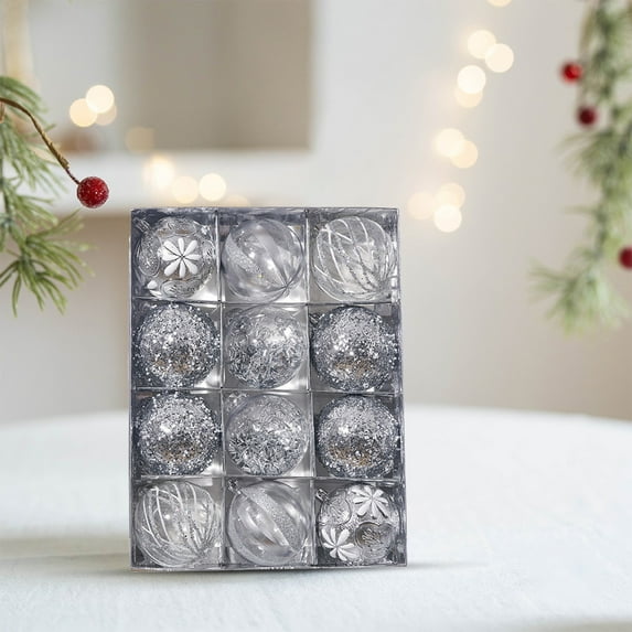 Btomtd 12pcs 2.36"/6cm Sequined Christmas Ball Ornaments , PE Special Shaped Xmas Tree Pendants , Holiday Decoration Suit Christmas Ornament Set, Silver