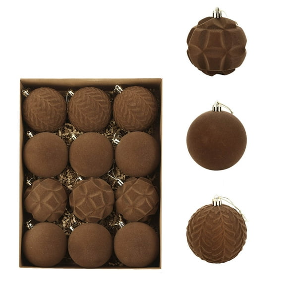 Btomtd 12pcs 8cm/3.15" Solid Color Velvet Flocked Christmas Balls, Large Size Hanging Christmas Ornaments for Tree, Plush Christmas Decorations Set, Brown