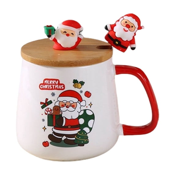 Btomtd 13.5oz Christmas Gift Ceramic Mug with Lid and Spoon, High Value Santa Claus and Reindeer Themed Cup, Festive Coffee Cup and Coffee Mug for Holiday, A