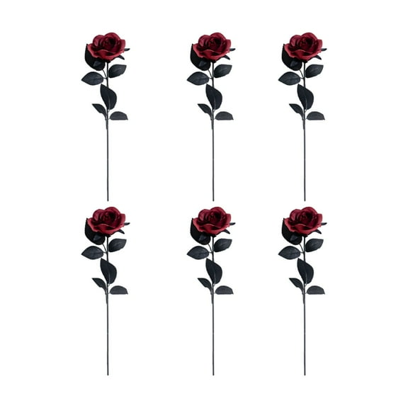 Btomtd 14.2" 6pcs Gothic Artificial Rose Bouquet, Red and Black Silk Flowers for Halloween Decoration, Dark Fake Mums and Fake Flowers for Spooky Party Decor, Red