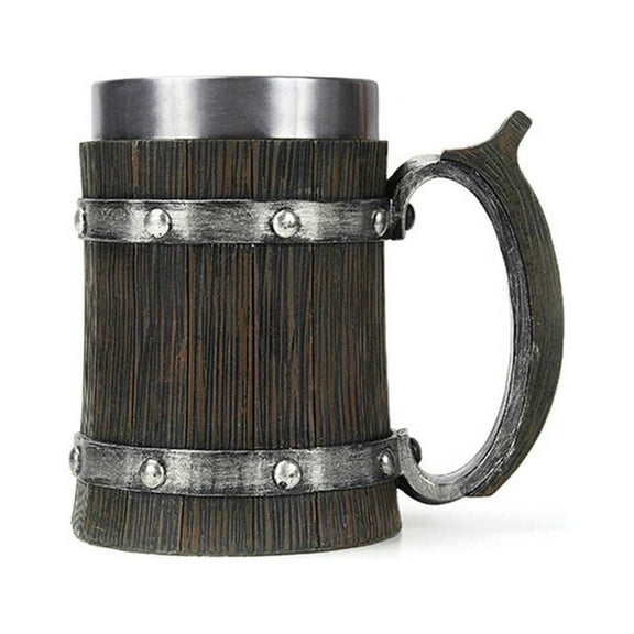 Btomtd 14oz Stainless Wooden Vat Style Beer Tankard Mug with Resin, Antique Barrel Themed Coffee Mug, Gift for Husband and Men Water Cup, Gray