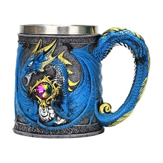 Btomtd 15oz Medieval Roaring Dragon Embossed Coffee Mug, Western Mythology Themed Beer Cups, Winged Dragons Creationary Tea Cup and Coffee Cup Collection, Blue