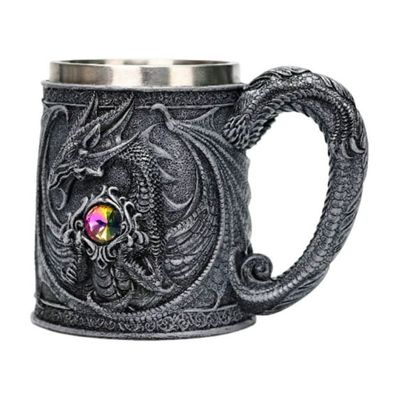 Btomtd 15oz Medieval Roaring Dragon Embossed Coffee Mug, Western Mythology Themed Beer Cups, Winged Dragons Creationary Tea Cup and Coffee Cup Collection, Gray