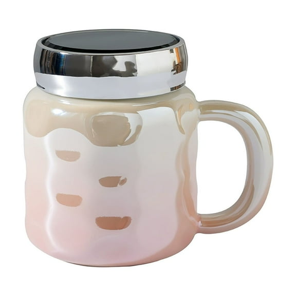 Btomtd 15oz Pearl Finish Ceramic Coffee Mug with Mirror Lid, Beautiful High End Office Water Cup, Quality Home Coffee Cup with Comfortable Handle, Pink