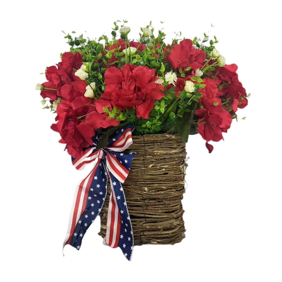 Btomtd 17.7" Artificial Spring Flowerw Wreath, Small Bow Hanging Decoration for Front Door, Holiday Decor Props with Fake Flowers and Fake Plants Arrangement, Red