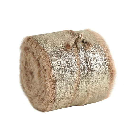 Btomtd 177.16"x1.57" Flash Bronzing Chiffon Hand Tear Ribbon with Silk Edging for Christmas Bows and Wedding Ornaments Decorative Ribbon for Invitation Decor, Khaki
