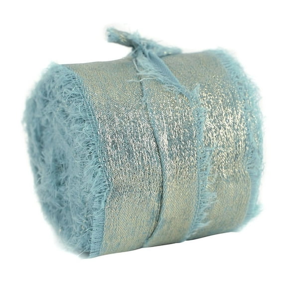 Btomtd 177.16"x1.57" Flash Bronzing Chiffon Hand Tear Ribbon with Silk Edging for Christmas Bows and Wedding Ornaments Decorative Ribbon for Invitation Decor, Light Blue